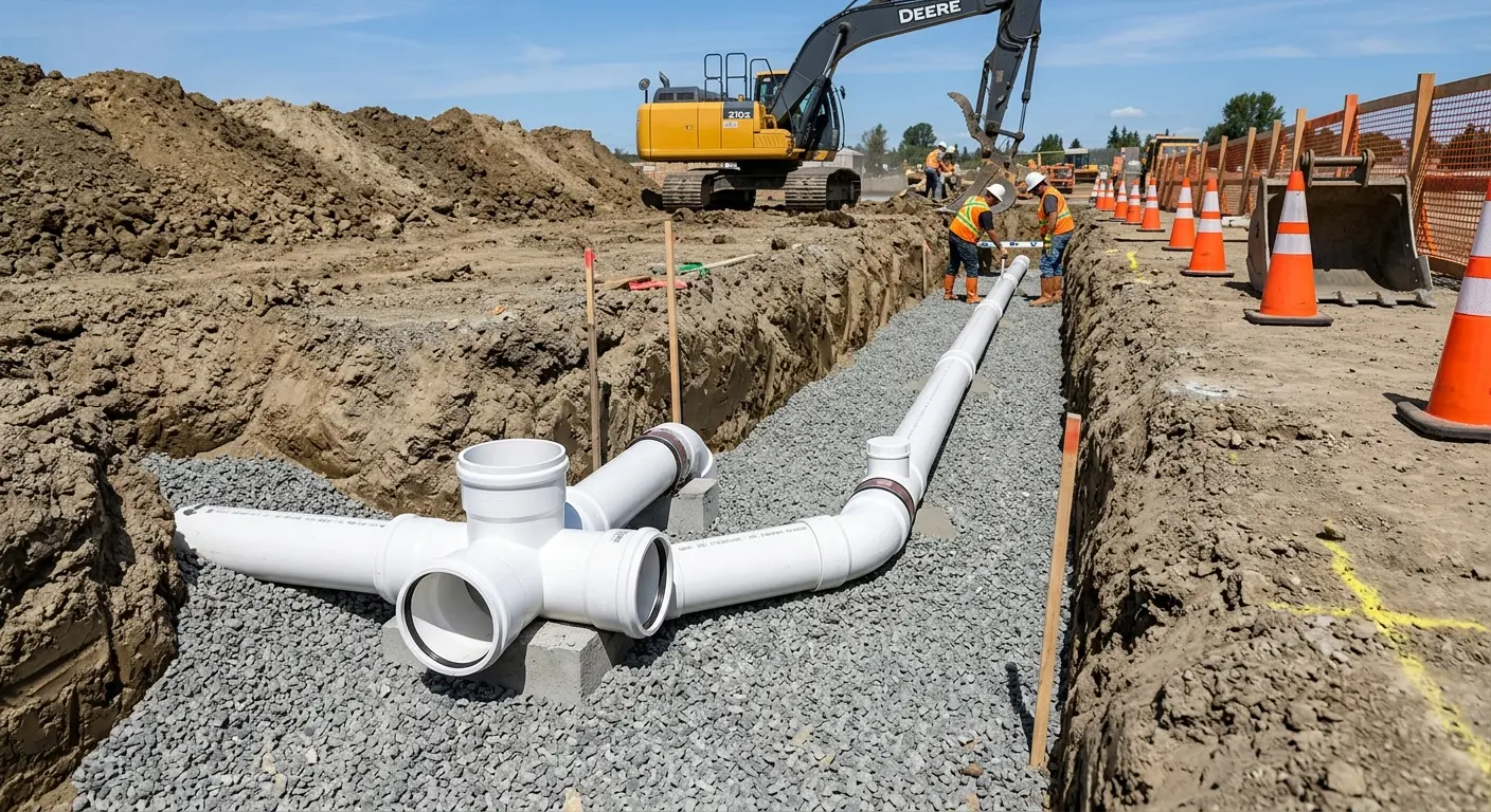 New PVC sewer pipe installation in open trench for Sewer Backup in Hartford City