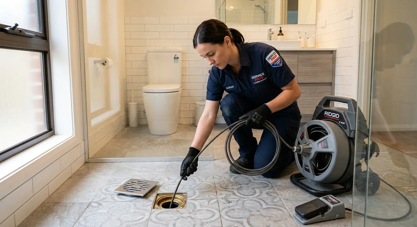 Technician clearing a bathroom floor drain for Drain Cleaning in Hartford City
